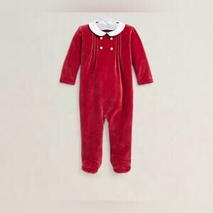 NWT Ralph Lauren Pleated Velour Red-Footed Coverall Baby Boy 9 month